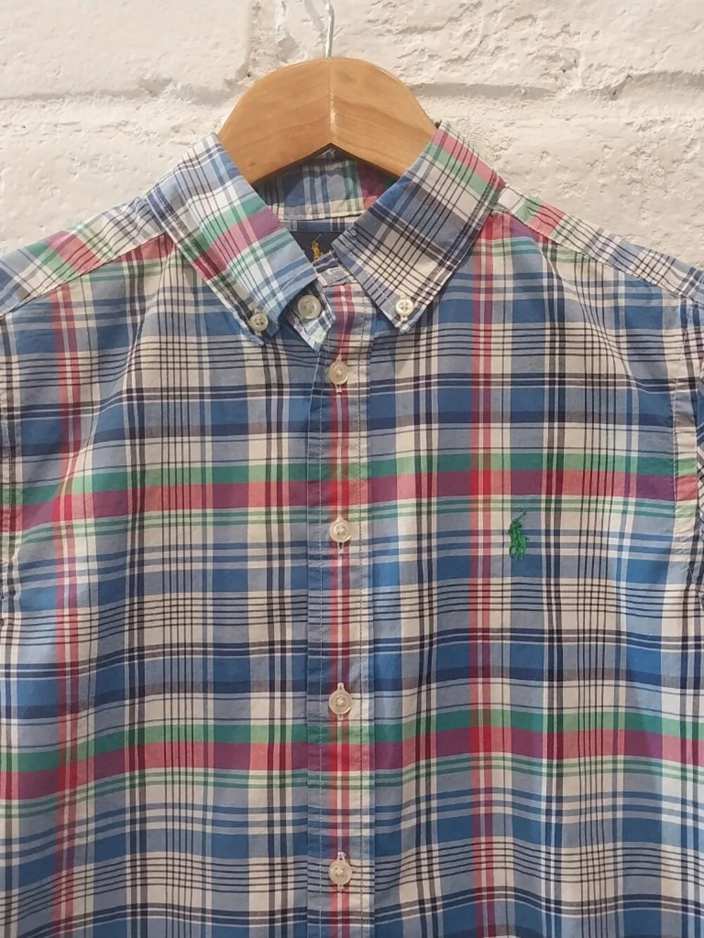 Ralph Lauren Button Up Shirt Boy 10-12 M Short Sleeve Blue Green Pink Plaid Pony